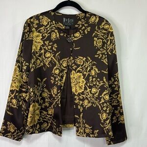 🥥 Via Seta silk brown and gold floral single button jacket